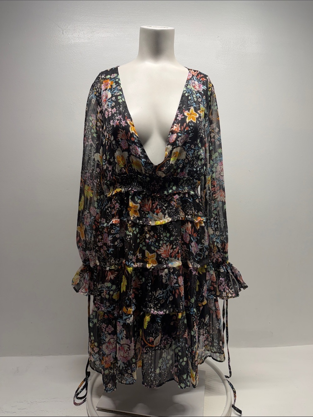 Free People Closer To The Heart Mini Dress Floral Tiered Ruffle Black NWT Small - Picture 2 of 13
